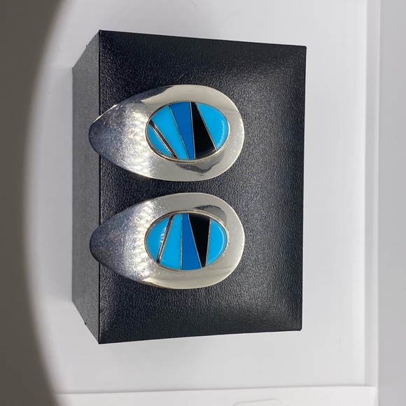 Sterling Silver Block Multi Stone Inlay Post Earrings SIGNED turquoise Navajo - Picture 16 of 16